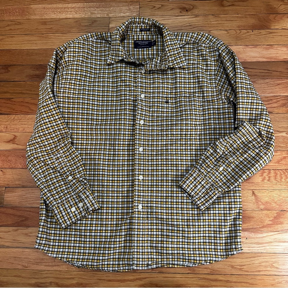 American Eagle Vintage Rugged Oxford Yellow‎ Checked Long Sleeve Button Up Med